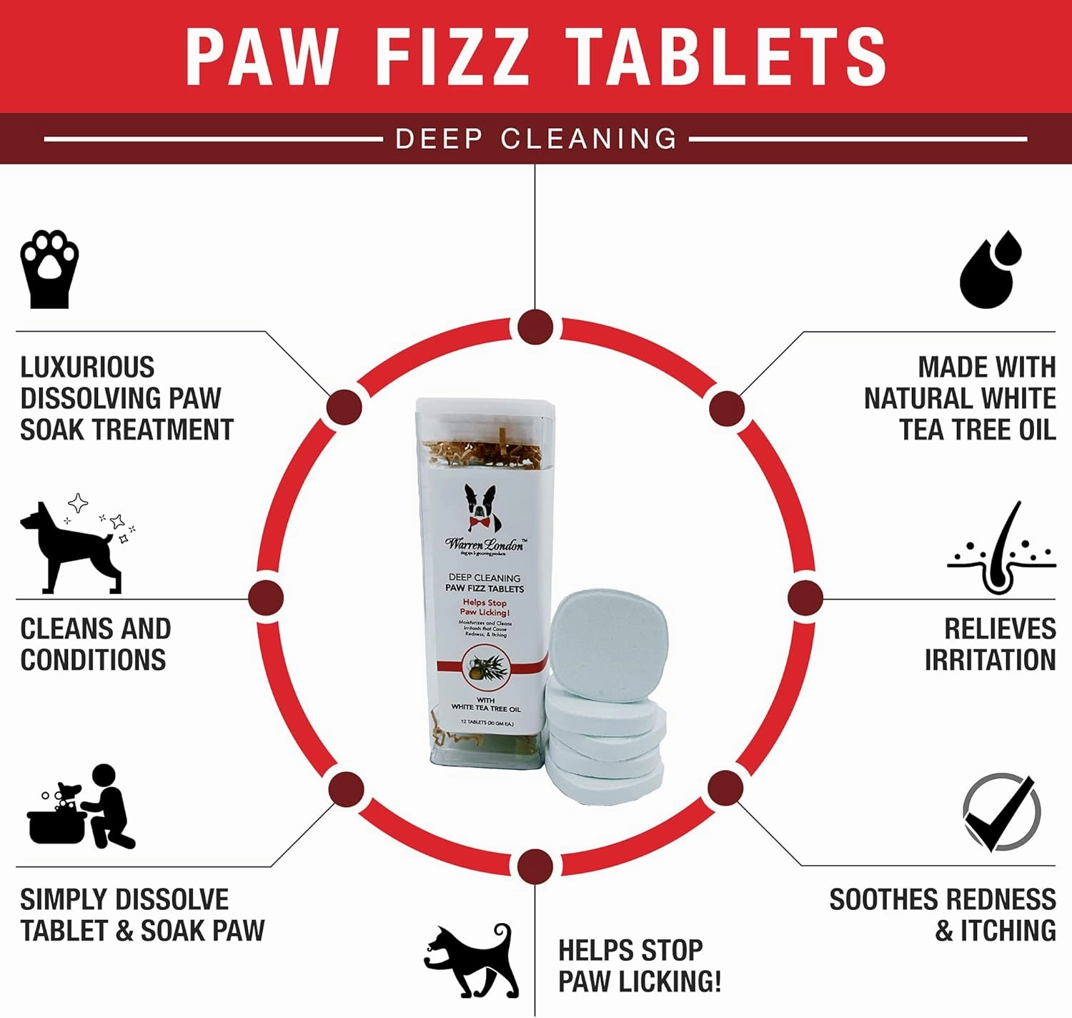 Warren London Deep Cleaning Paw Soak | Soothing Itchy Paw Relief for Dogs with Seaweed, Tea Tree Oil, & Aloe Vera | Anti Licking for Dogs Paws | 5 Minute Paw Spa Service at Home | 12 Tablets