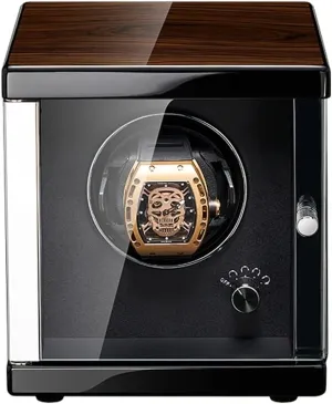 Watch Display Box Automatic Single Watch Winder, in Wood Shell and Black Leather, Acrylic Glass, Extremely Silent Motor and Anti- Magnetic Design (1 0)