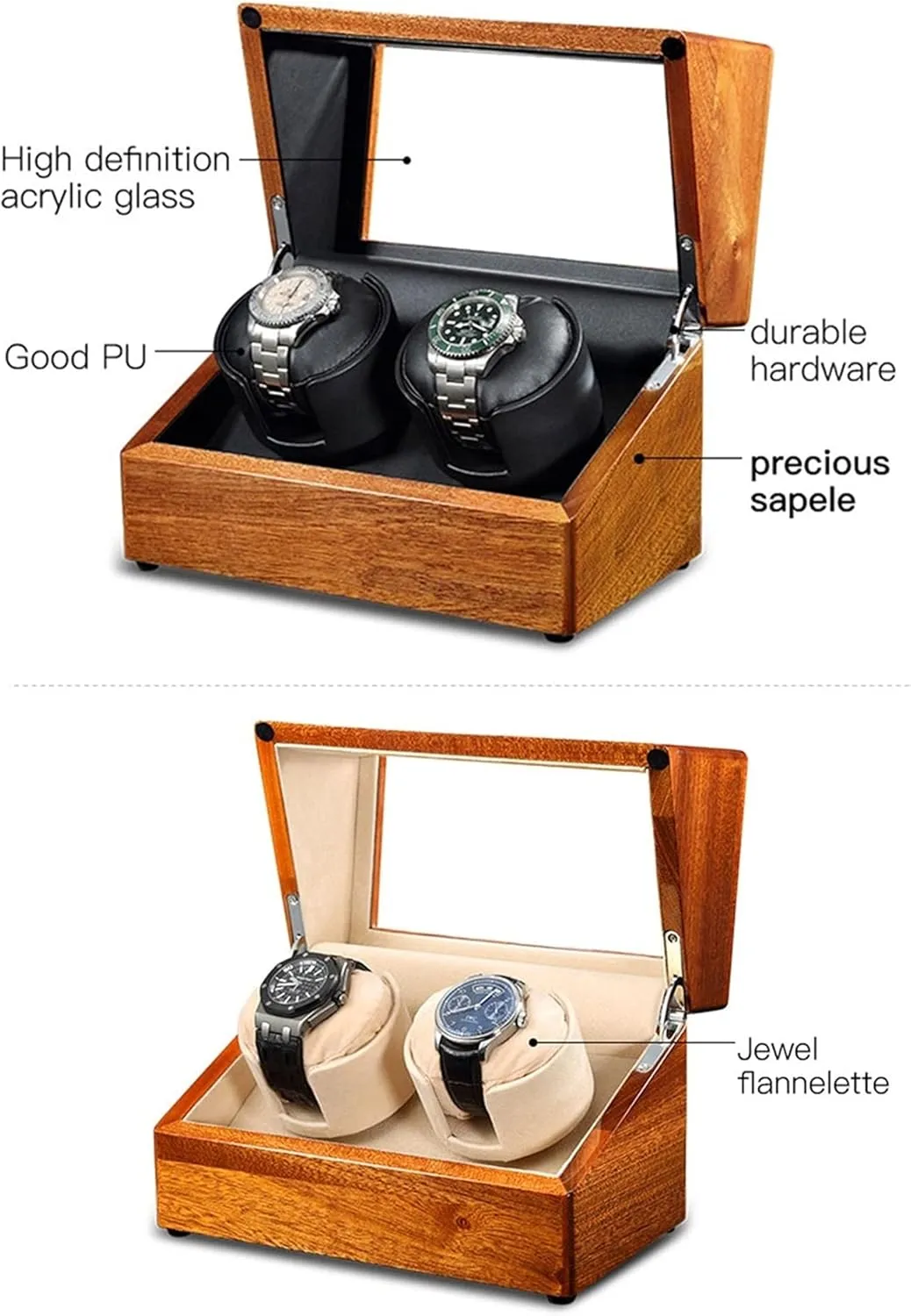 Watch Display Box Automatic Watch Winder for Double Automatic Watches Adjustable Watch Pillows Wood Shell Piano Paint Exterior with Quiet Japanese Mabuchi Motor (Color : Black (Black 2 0)