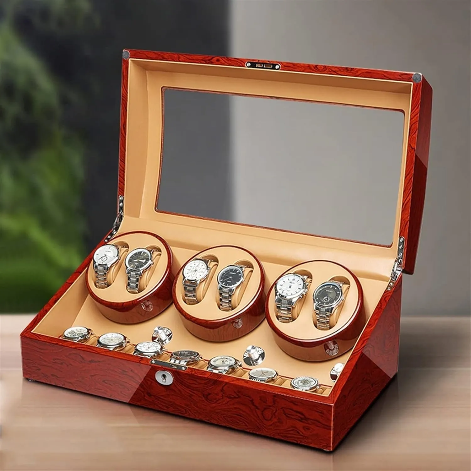 Watch Display Box Automatic Watch Winder Storage Display Box with Wood Shell Piano Finish Quiet Motor Flexible Watch Pillow Fit Lady and Man Watches (6 7)