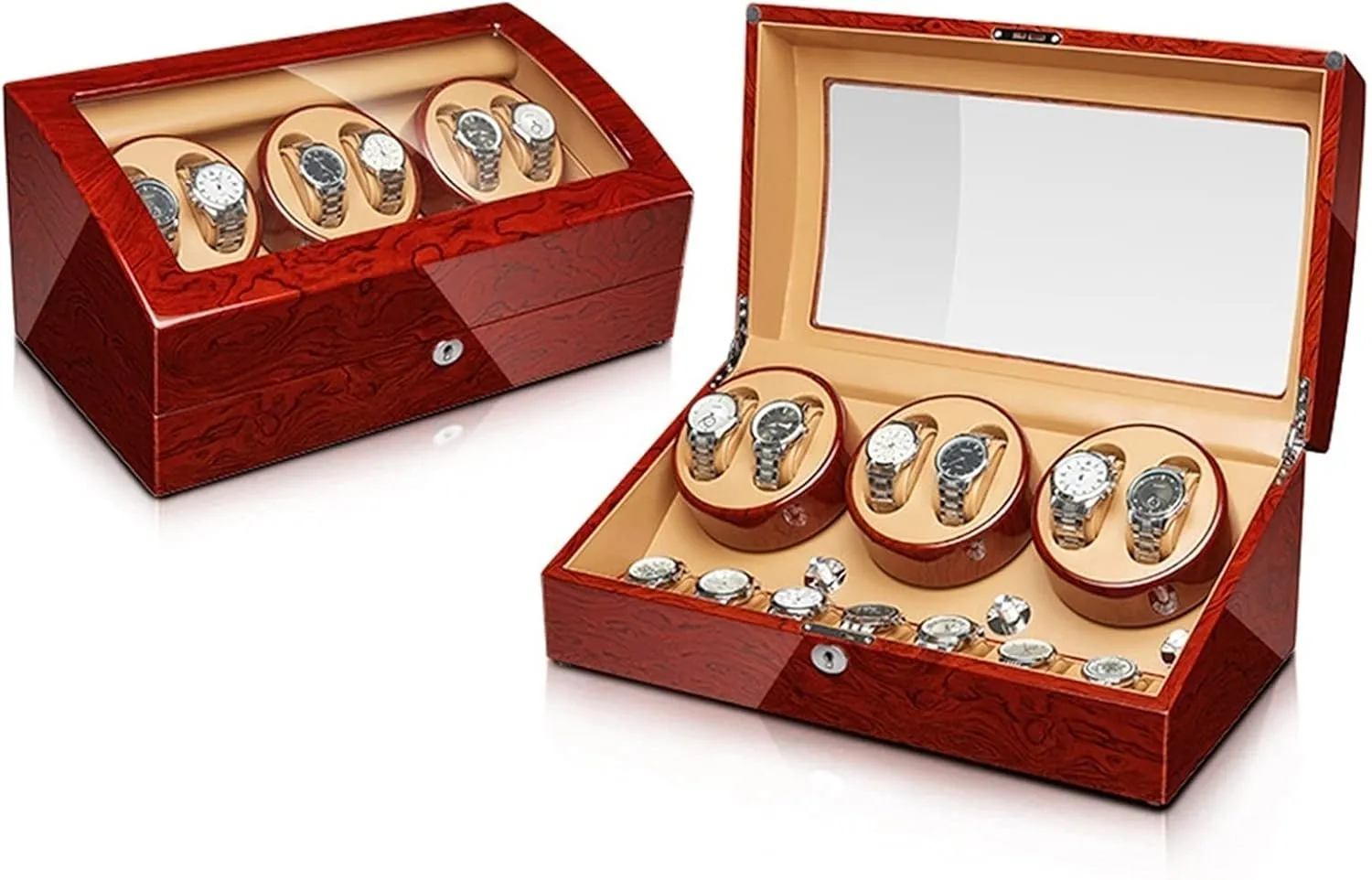 Watch Display Box Automatic Watch Winder Storage Display Box with Wood Shell Piano Finish Quiet Motor Flexible Watch Pillow Fit Lady and Man Watches (6 7)