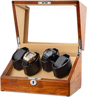 Watch Display Box High End Watch Winder for 4 Watches with Silent Motor and Flexible Watch Pillows,Natural Solid Wood Shell,Fit Lady and Man Watches