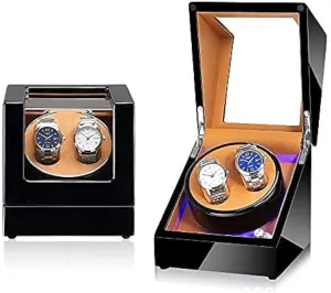 Watch Winder for 2 Watches with Quiet Motor, Wood Shell, LED Light, Battery or ed, 5 Rotation Modes, Anti-Magnetization