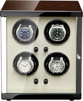 Watch Display Box Automatic 4 Watch Winder, in Wood Shell and White Leather, Acrylic Glass, Extremely Silent Motor and Anti- Magnetic Design (4 0)