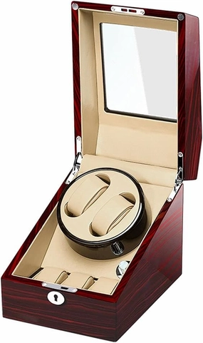 Watch Display Box Watch Winder for 2 Automatic Watches   Extra 3 Storages, Natural Solid Wood Shell and Flexible Watch Pillow,Battery Powered Or Ac AdapterDark Brown Creamy-White
