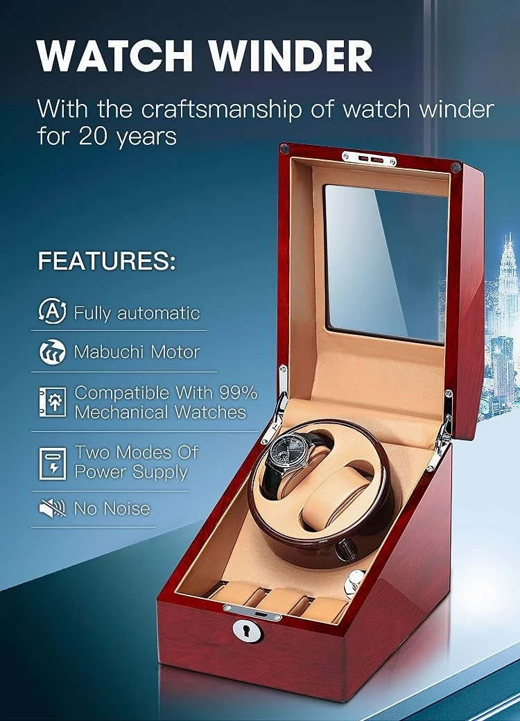 Watch Display Box Watch Winder for 2 Automatic Watches   Extra 3 Storages, Natural Solid Wood Shell and Flexible Watch Pillow,Battery Powered Or Ac AdapterDark Brown Creamy-White