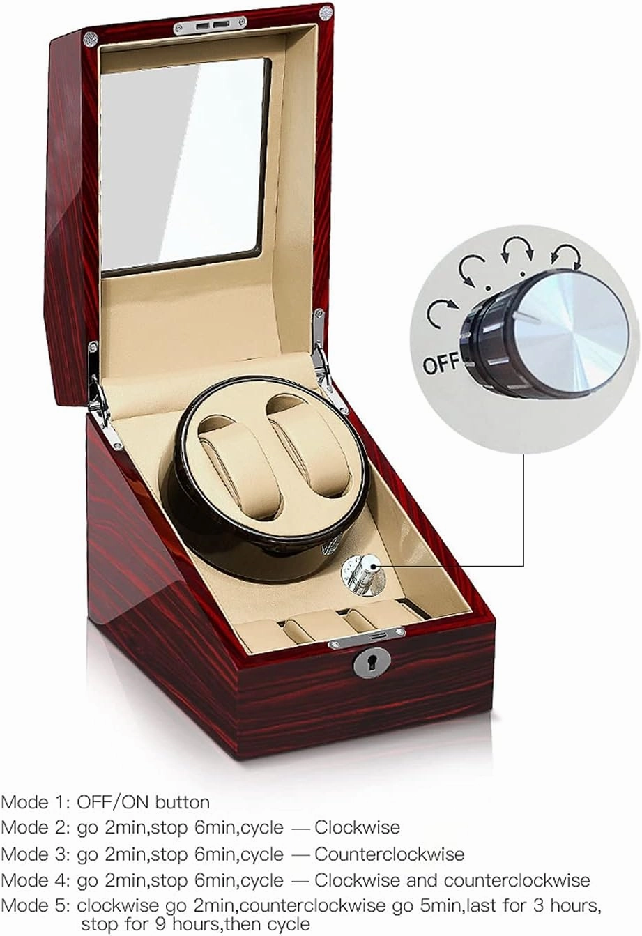 Watch Display Box Watch Winder for 2 Automatic Watches   Extra 3 Storages, Natural Solid Wood Shell and Flexible Watch Pillow,Battery Powered Or Ac AdapterDark Brown Creamy-White