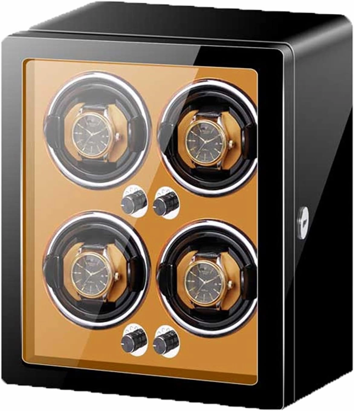 Watch Display Box Watch Winder for 4 Automatic Watches with Adjustable Watch Pillows Wood Shell Piano Finish Silent Motor Battery Powered and AC Adapter Anti-Magnetic