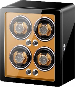 Watch Display Box Watch Winder for 4 Automatic Watches with Adjustable Watch Pillows Wood Shell Piano Finish Silent Motor Battery Powered and AC Adapter Anti-Magnetic