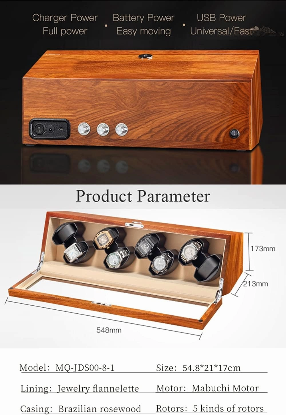 Watch Display Box Wooden Automatic Watch Winder Case Holder Mechanical Watch 2/8 Slots Winding Display Organizer Luxury Motor Shaker Rotating BoxBlack-8 0