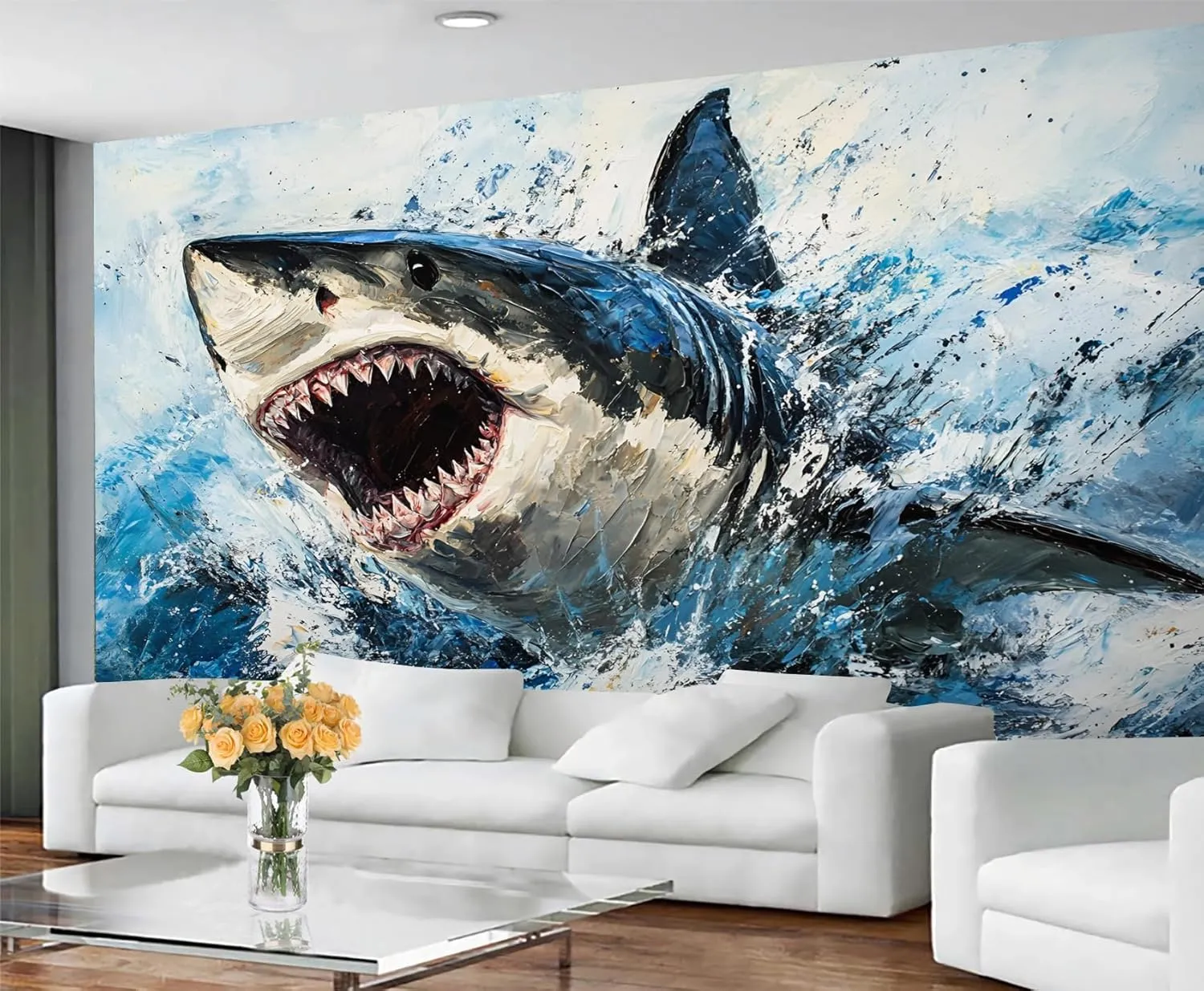 Watercolor Splash Shark Wall Mural, Graffiti Shark 3D Wall Murals, Marine Animals Wallpaper Mural, for Living Room Bedroom Large Wallpaper (Not Peel and Stick) - 137.8" W x100 H