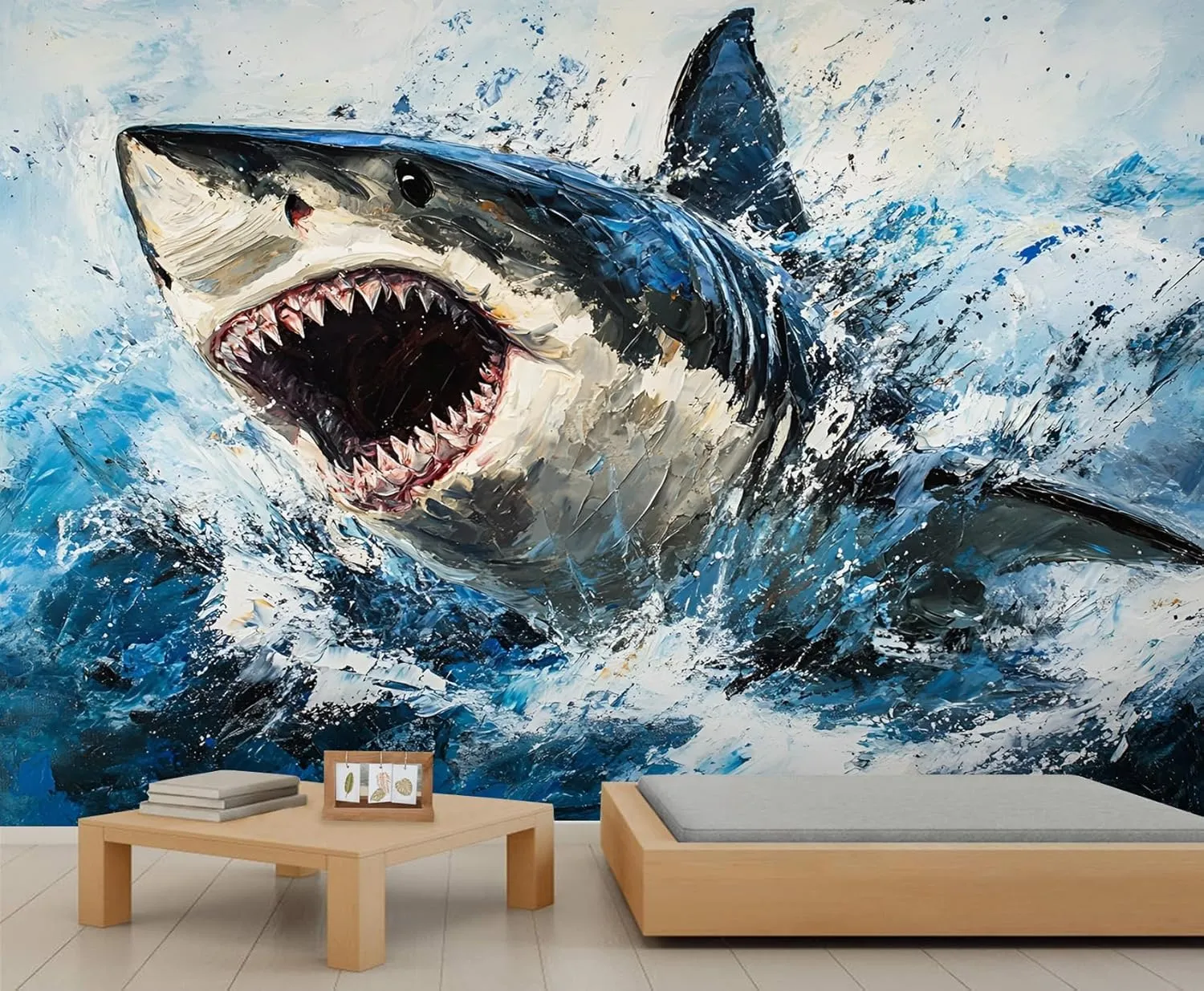 Watercolor Splash Shark Wall Mural, Graffiti Shark 3D Wall Murals, Marine Animals Wallpaper Mural, for Living Room Bedroom Large Wallpaper (Not Peel and Stick) - 137.8" W x100 H