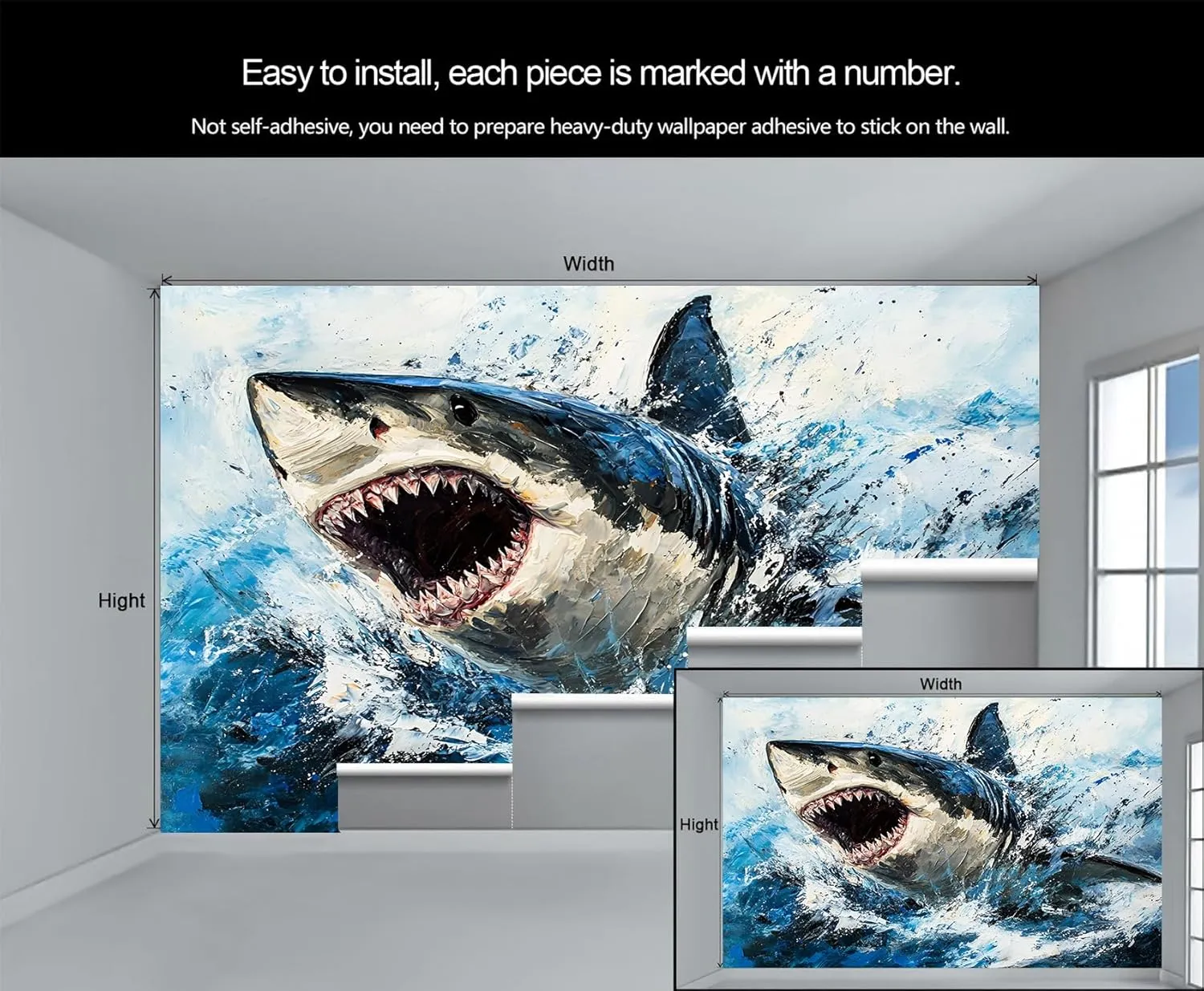 Watercolor Splash Shark Wall Mural, Graffiti Shark 3D Wall Murals, Marine Animals Wallpaper Mural, for Living Room Bedroom Large Wallpaper (Not Peel and Stick) - 137.8" W x100 H