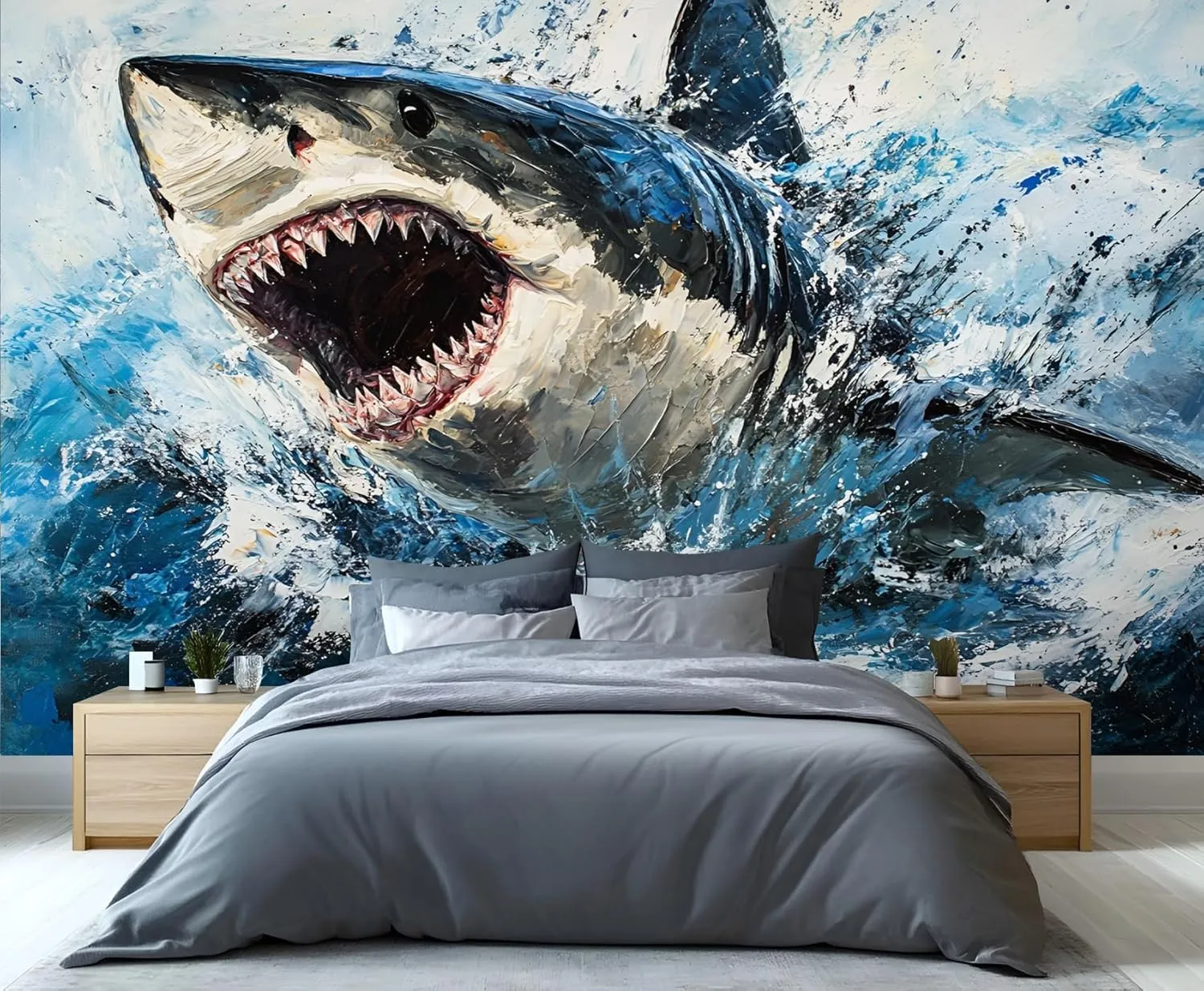 Watercolor Splash Shark Wall Mural, Graffiti Shark 3D Wall Murals, Marine Animals Wallpaper Mural, for Living Room Bedroom Large Wallpaper (Not Peel and Stick) - 137.8" W x100 H