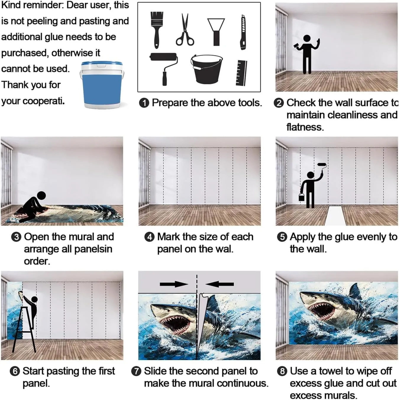 Watercolor Splash Shark Wall Mural, Graffiti Shark 3D Wall Murals, Marine Animals Wallpaper Mural, for Living Room Bedroom Large Wallpaper (Not Peel and Stick) - 137.8" W x100 H