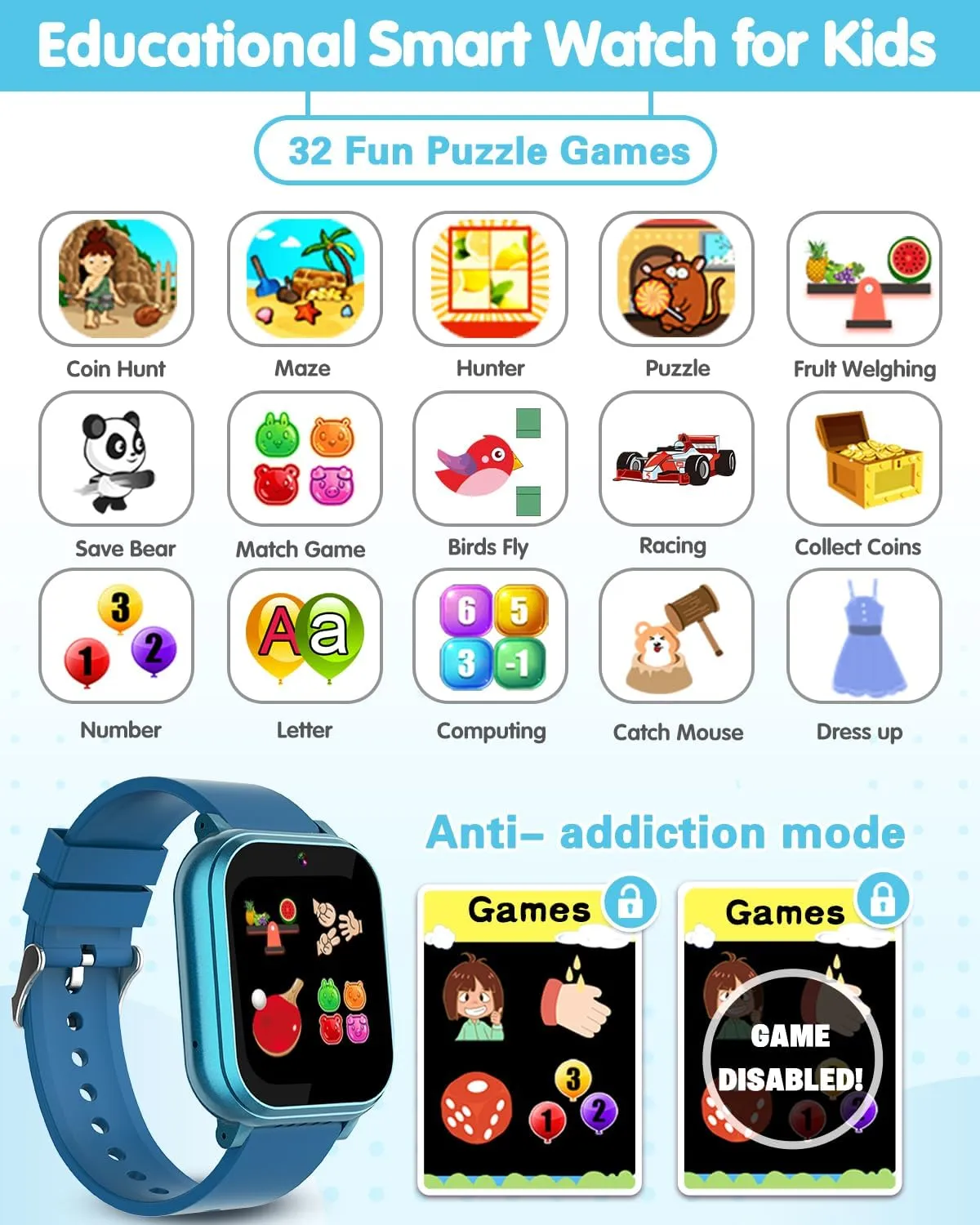 Waterproof Smart Watch for Kids with 32 Games Dual Camera, Habit Tracking, Pedometer, HD Touchscreen with Protector, Kids Watch Toys for Kids Age 5-12 Christmas Birthday Gift Boys Girls(Ink Blue)