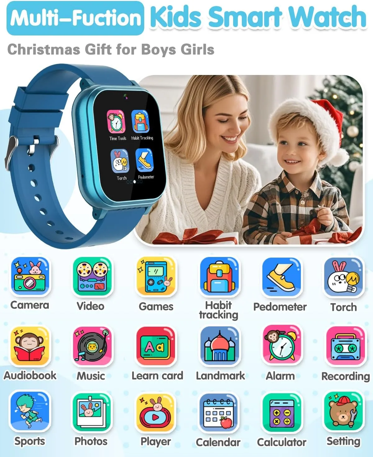 Waterproof Smart Watch for Kids with 32 Games Dual Camera, Habit Tracking, Pedometer, HD Touchscreen with Protector, Kids Watch Toys for Kids Age 5-12 Christmas Birthday Gift Boys Girls(Ink Blue)
