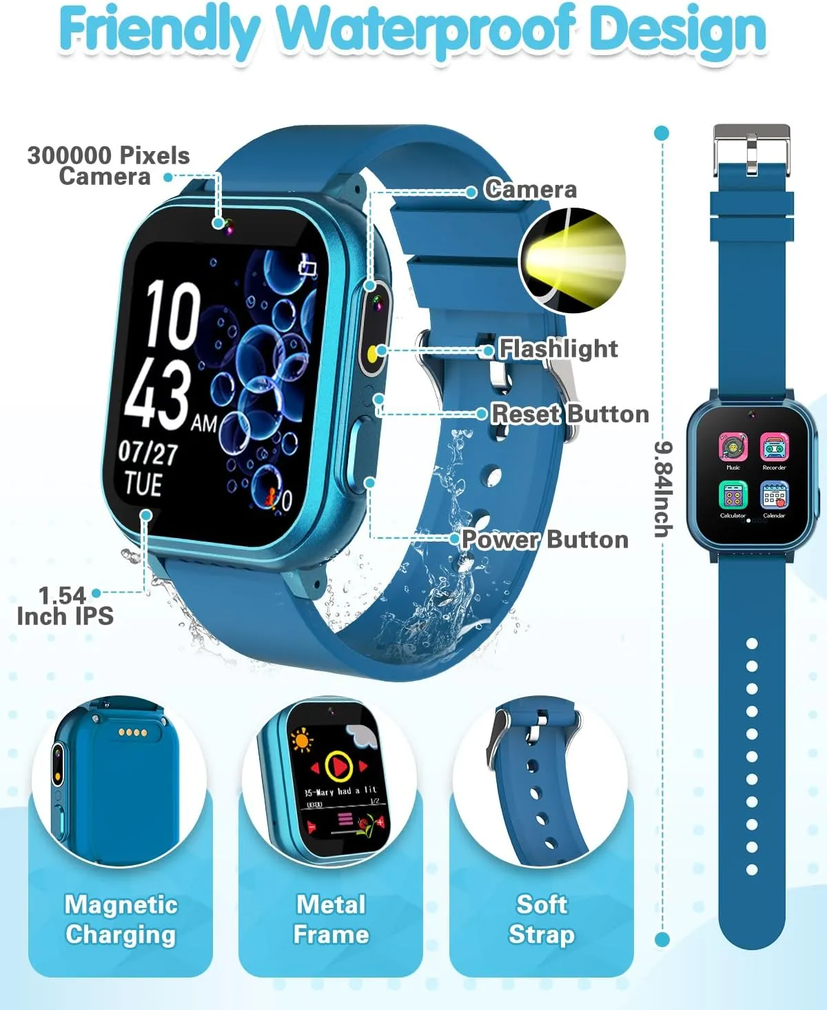 Waterproof Smart Watch for Kids with 32 Games Dual Camera, Habit Tracking, Pedometer, HD Touchscreen with Protector, Kids Watch Toys for Kids Age 5-12 Christmas Birthday Gift Boys Girls(Ink Blue)