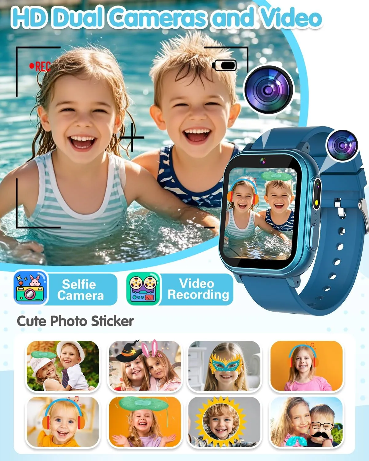 Waterproof Smart Watch for Kids with 32 Games Dual Camera, Habit Tracking, Pedometer, HD Touchscreen with Protector, Kids Watch Toys for Kids Age 5-12 Christmas Birthday Gift Boys Girls(Ink Blue)