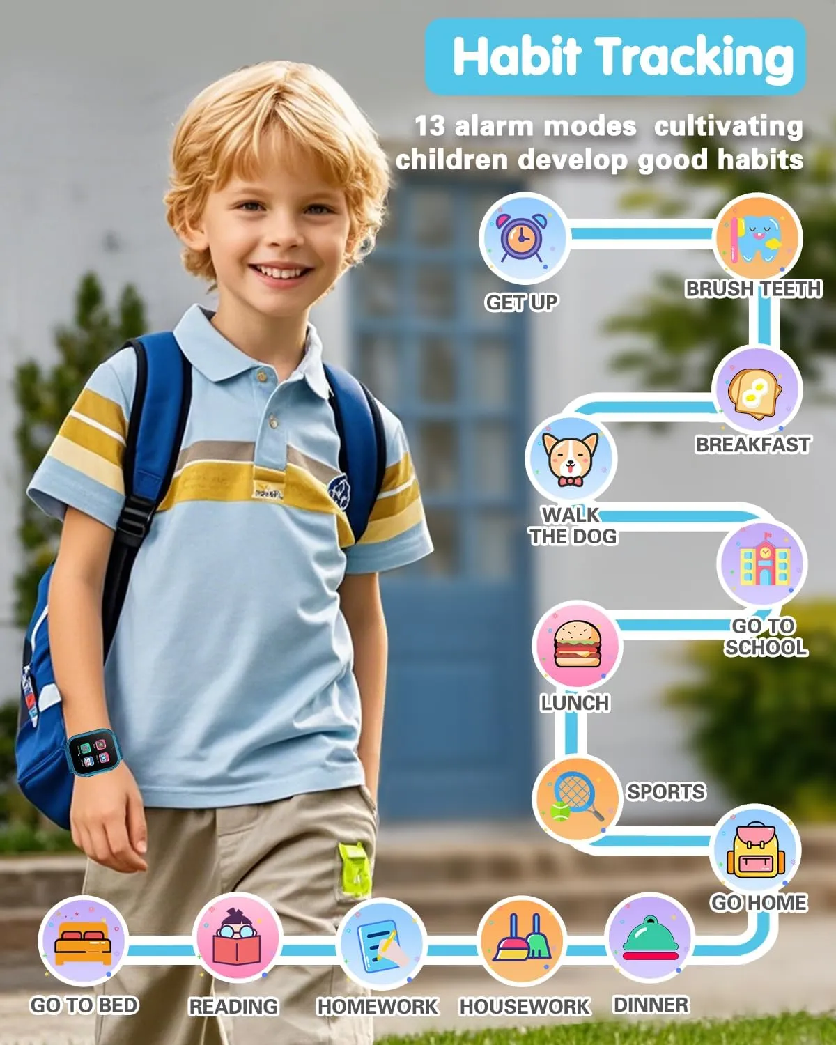 Waterproof Smart Watch for Kids with 32 Games Dual Camera, Habit Tracking, Pedometer, HD Touchscreen with Protector, Kids Watch Toys for Kids Age 5-12 Christmas Birthday Gift Boys Girls(Ink Blue)
