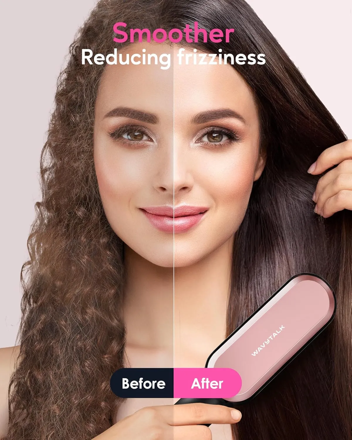 Wavytalk Hair Straightener Brush,Sleek Sweep Ionic Straightening Brush with 6 Temperature Adjust, Anti-Scald Ceramic Hair Straightener Comb Fast Heating for Home Salon, Dual Voltage, Rose Gold