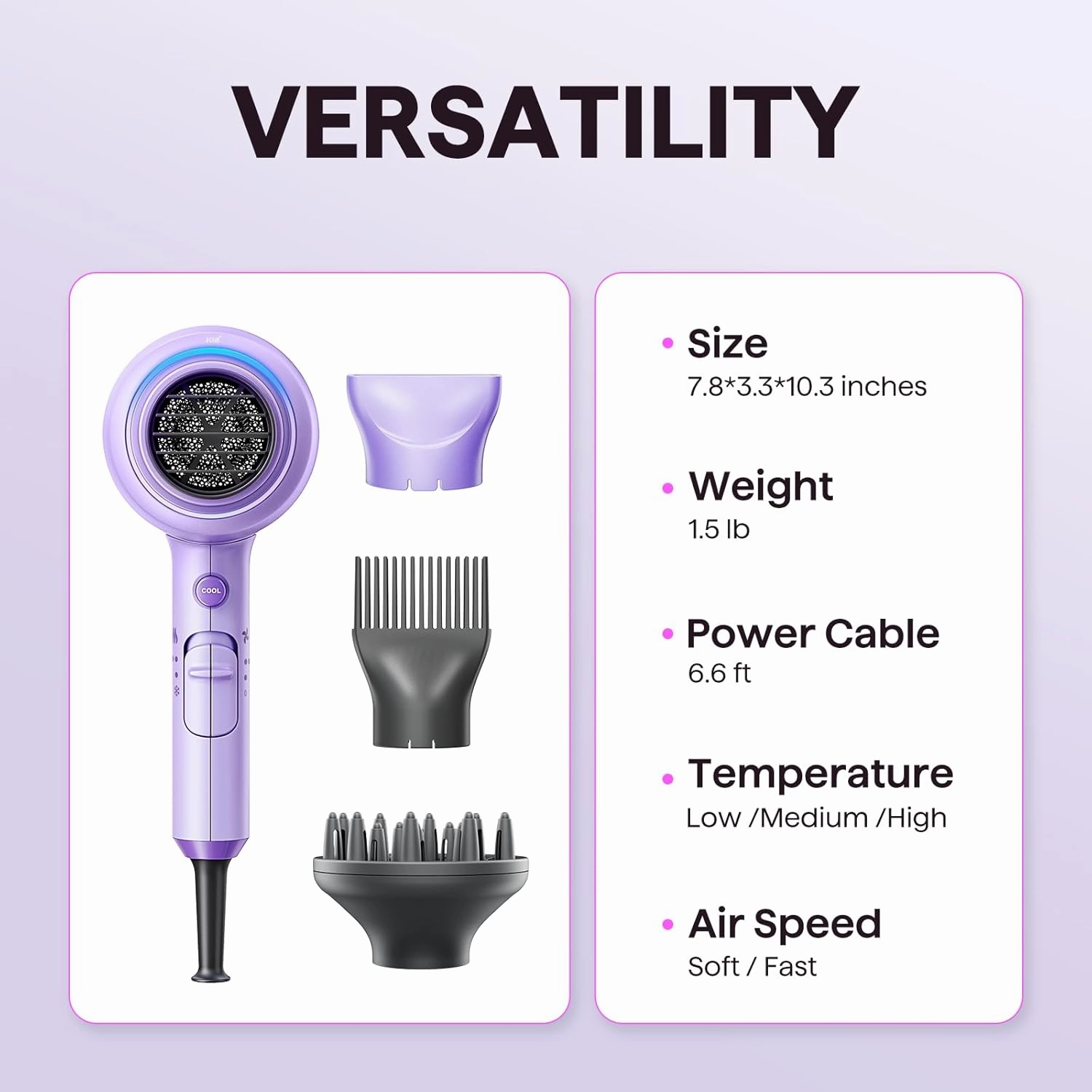 Wavytalk Blow Dryer with Diffuser, Blown Away Ionic Hair Dryer for Curly Hair with Comb, 1875W Fast Drying Blow Dryer with Ceramic Technology, 3 Attachments for All Hair Types, Light and Quiet, Purple