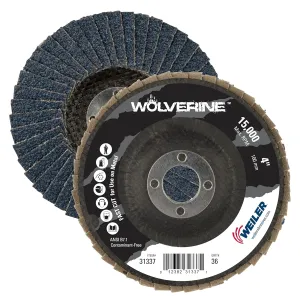 Weiler 31337 Wolverine 4" x 5/8" Arbor Hole Abrasive Flap Disc, 36 Grit Zirconia Alumina, Bevel Type 29, Phenolic Backing, Standard Density (Pack of 10)
