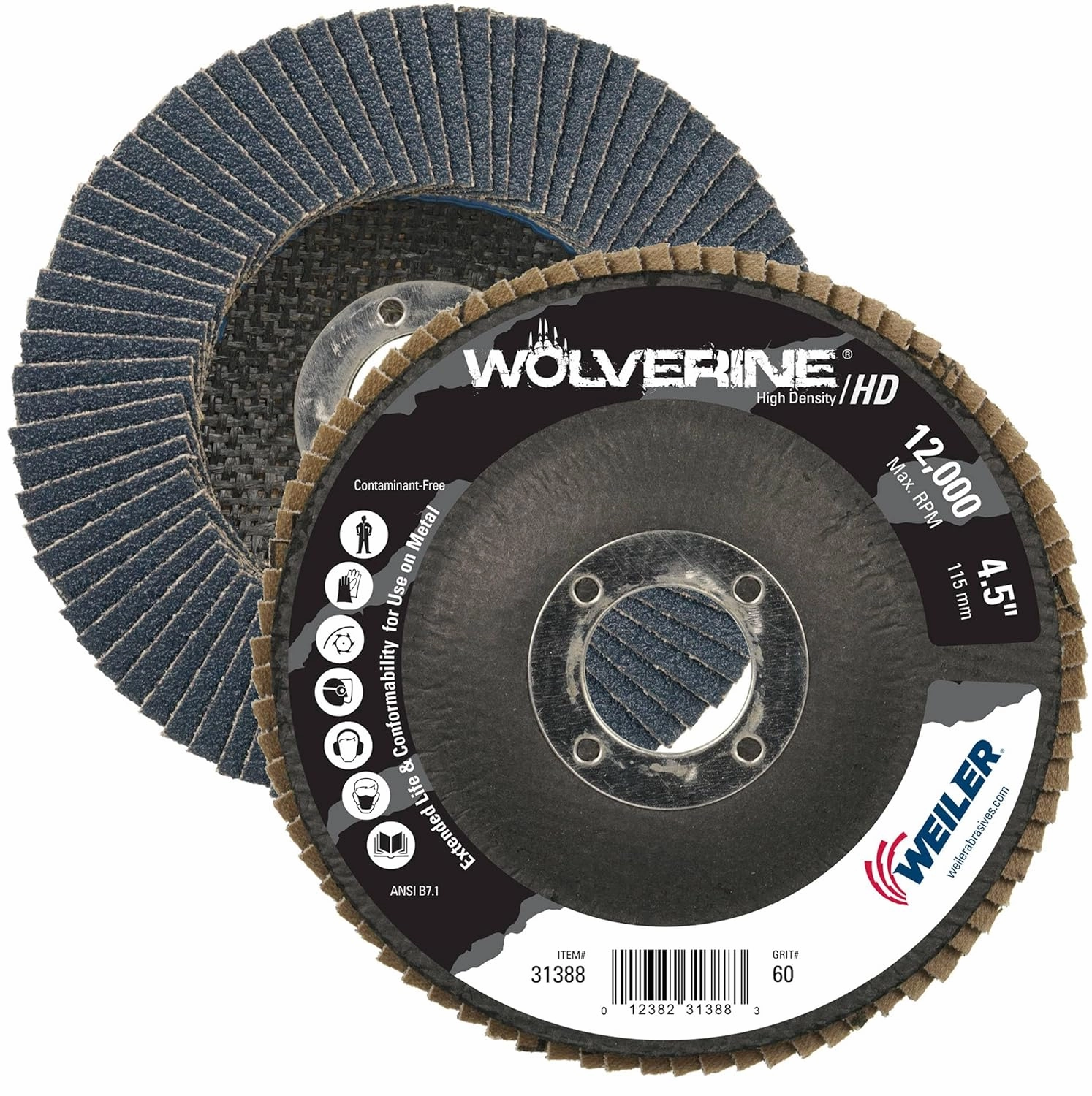 Weiler 31388 Wolverine 4-1/2" x 7/8" Arbor Hole Abrasive Flap Disc, 60 Grit Zirconia Alumina, Flat Type 27, Phenolic Backing, High Density (Pack of 10)