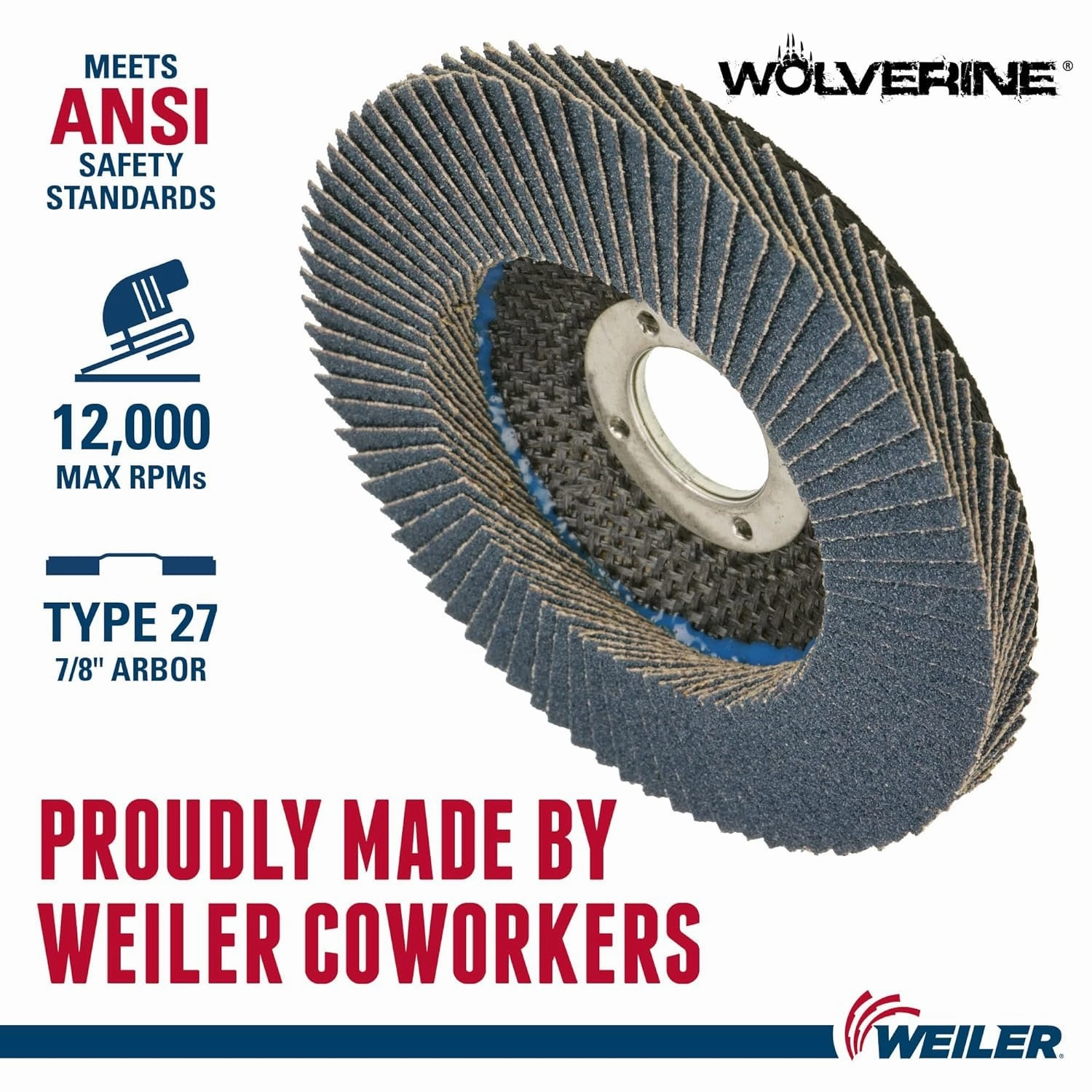 Weiler 31388 Wolverine 4-1/2" x 7/8" Arbor Hole Abrasive Flap Disc, 60 Grit Zirconia Alumina, Flat Type 27, Phenolic Backing, High Density (Pack of 10)