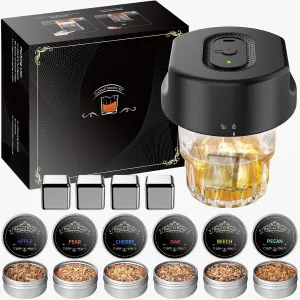 Whiskey Smoker Kit - Electric Cocktail Kit with 6 Flavors Wood Chips, Rechargeable Old Fashioned Smoker Kit Built-in Lighter, Anniversary Birthday Christmas Gifts for Men (NO Butane Needed)