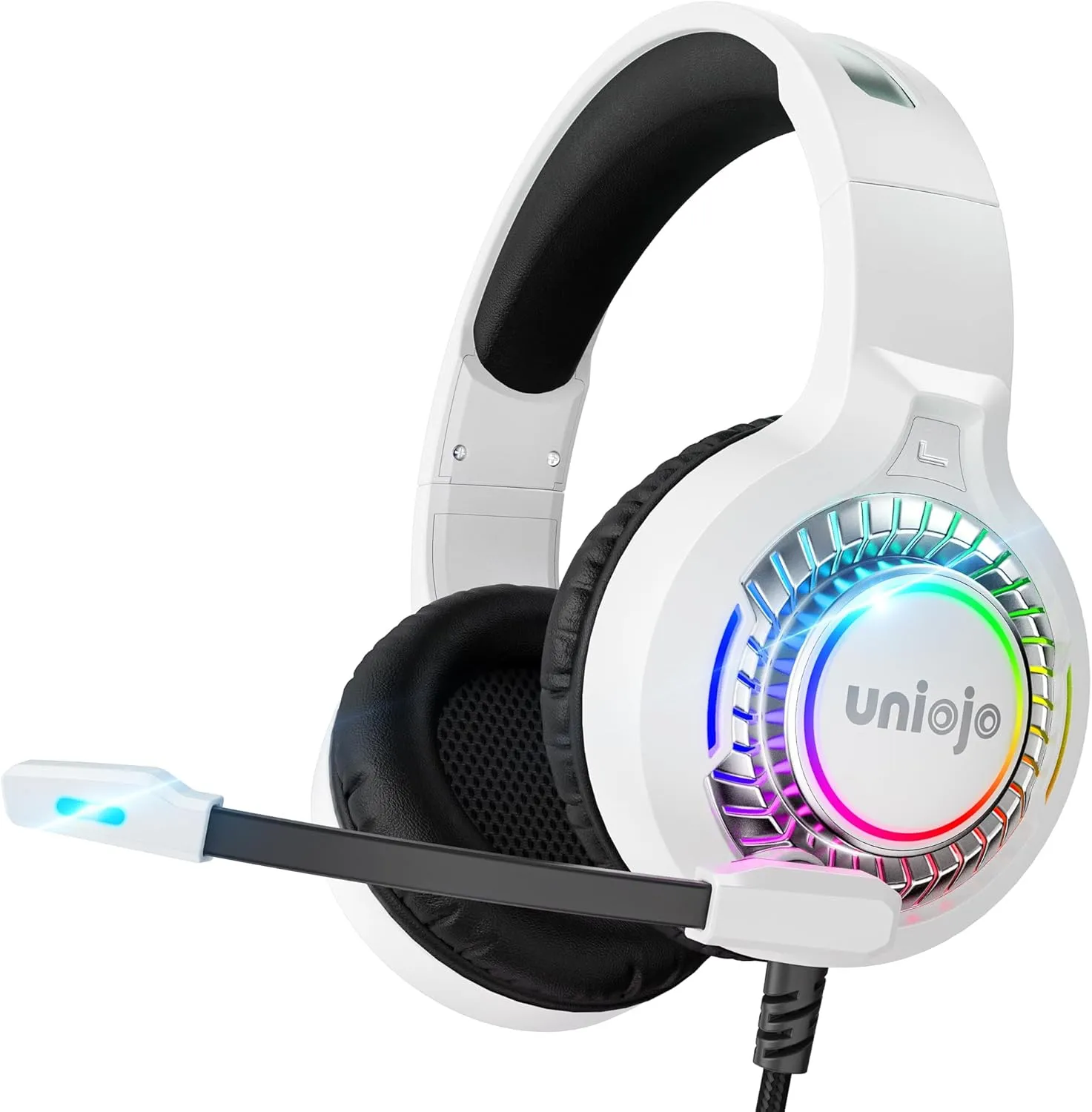 White Gaming Headset for PS5, PS4, PC, Xbox Headset with Noise-Canceling, 7.1 Surround Sound, RGB Light, Memory Foam Ear Pads, Wired Over-Ear Headphones for Xbox Series X/S, Switch