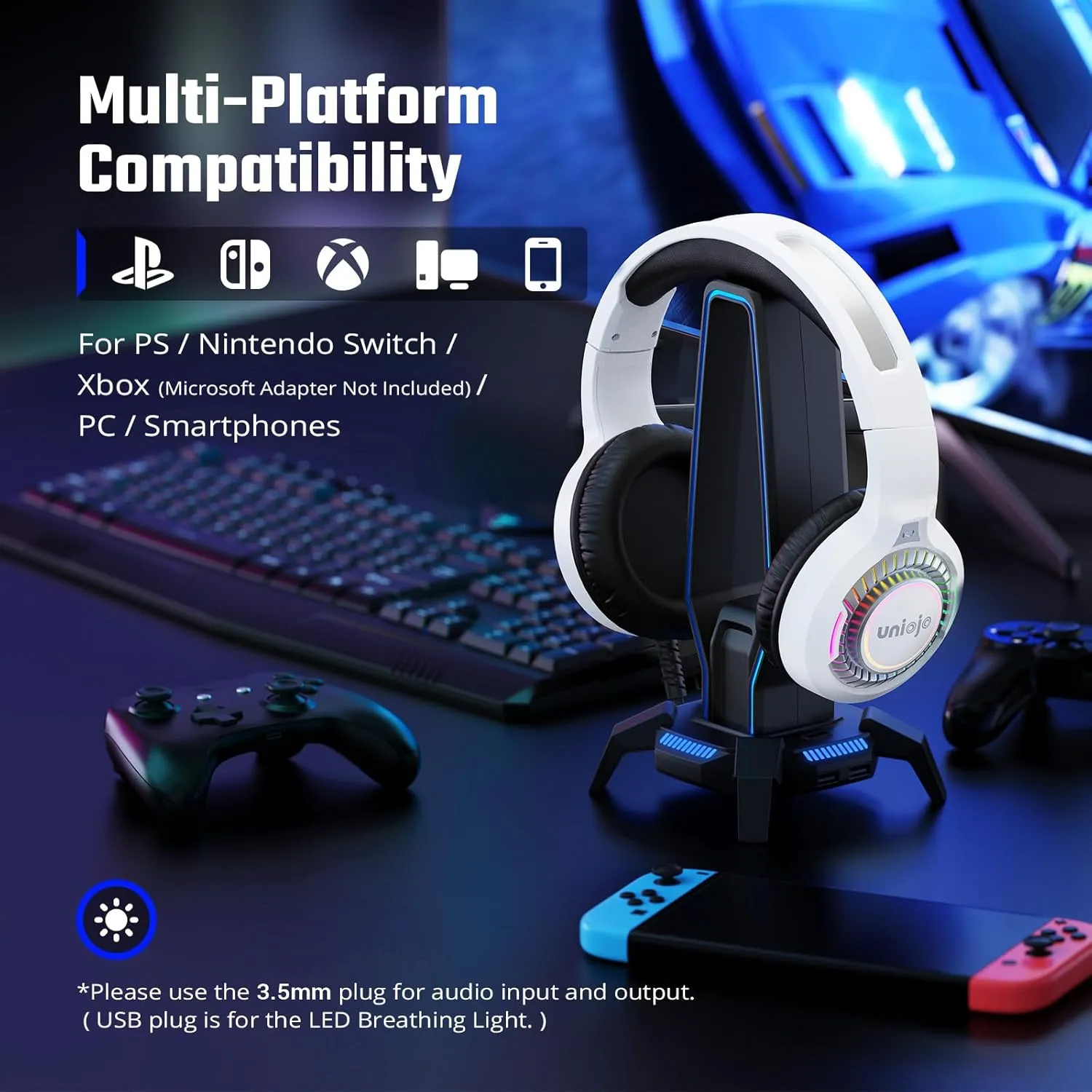 White Gaming Headset for PS5, PS4, PC, Xbox Headset with Noise-Canceling, 7.1 Surround Sound, RGB Light, Memory Foam Ear Pads, Wired Over-Ear Headphones for Xbox Series X/S, Switch
