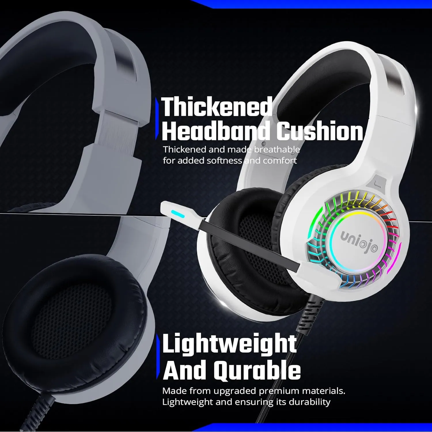 White Gaming Headset for PS5, PS4, PC, Xbox Headset with Noise-Canceling, 7.1 Surround Sound, RGB Light, Memory Foam Ear Pads, Wired Over-Ear Headphones for Xbox Series X/S, Switch