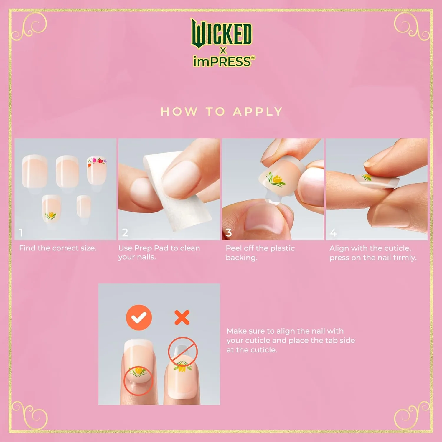 WICKED X imPRESS Design Press On Nails, The EASIEST NO GLUE Mani, Super Hold Adhesive, ‘Glinda-fied’, Pink, Short Squoval, Includes 30 Fake Nails, 1 Prep Pad, 1 Manicure Stick, 1 Mini File