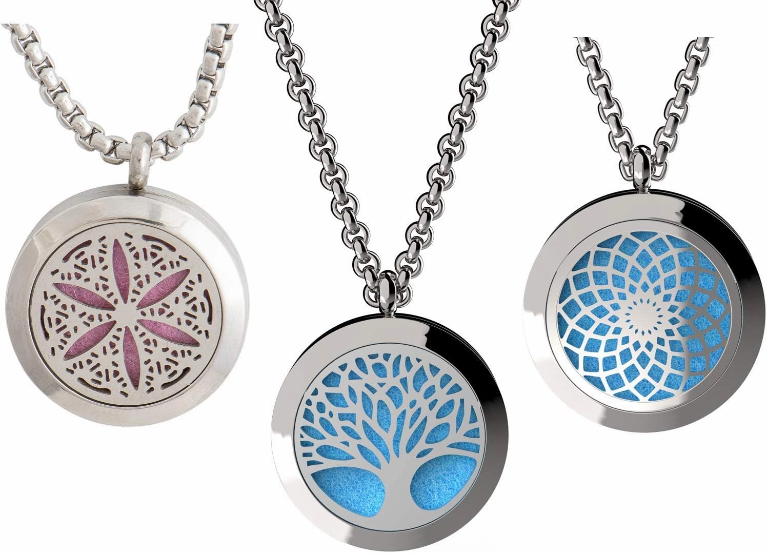 Wild Essentials 3 Necklace Set, Tree Of Life, Flower of Life, Sun Essential Oil Diffuser Necklace Stainless Steel Locket Pendants, 24 Inch Chains, 36 Refill Pads, Color Changing, Perfume Locket, Aroma