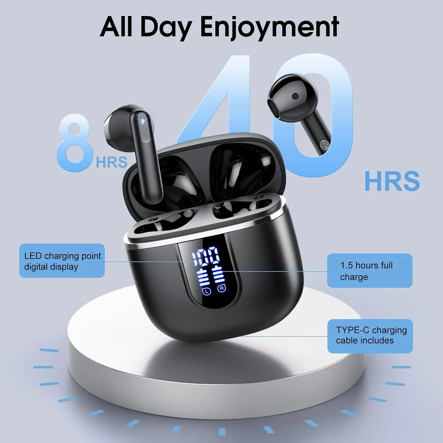 Wireless Earbuds, 2025 Bluetooth 5.4 Headphones in Ear Buds 3D Bass Stereo, 40H Ultralight Bluetooth Earbuds with 4 ENC Noise Cancelling Mic, USB-C LED, IP7 Waterproof Earphones for Android iOS Pad