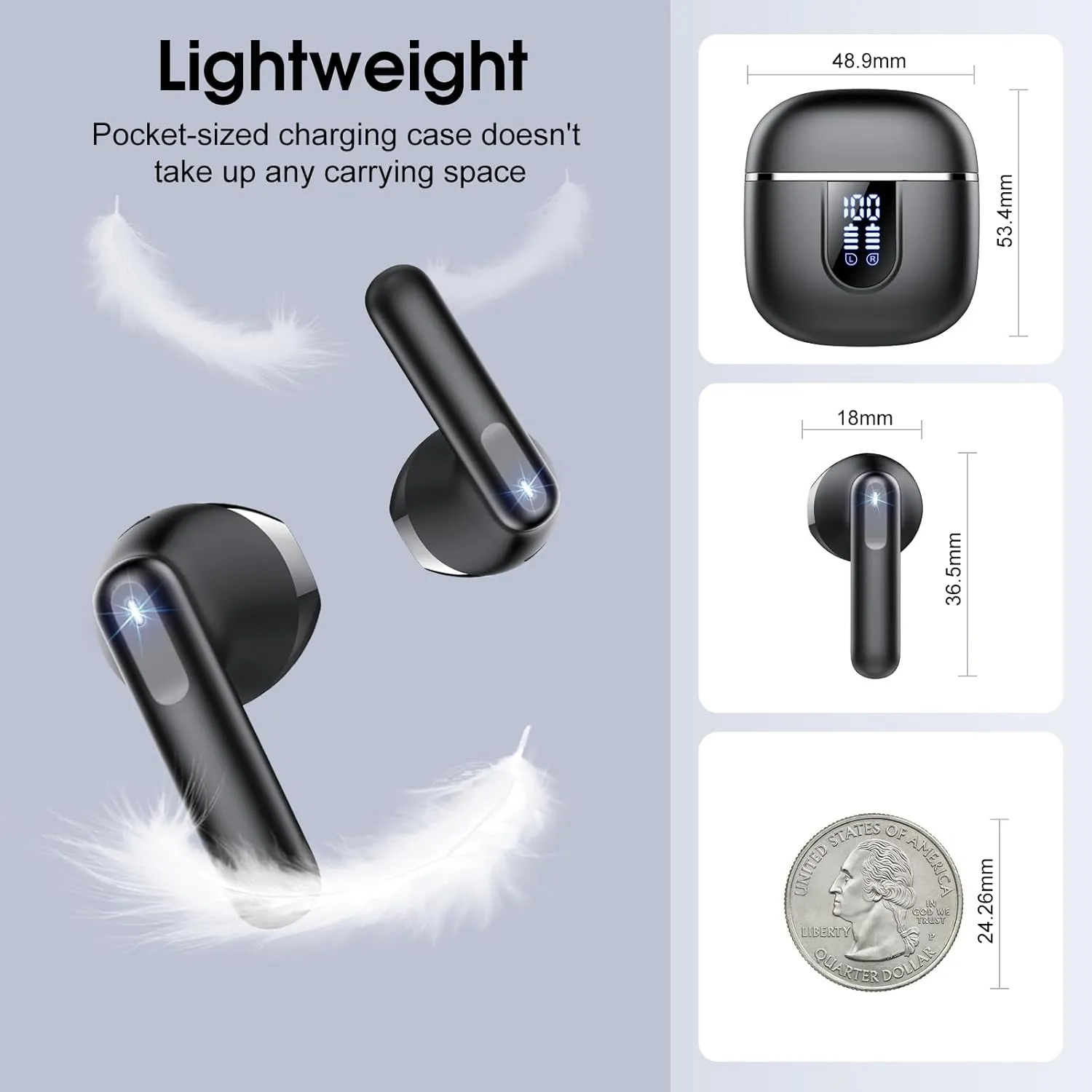 Wireless Earbuds, 2025 Bluetooth 5.4 Headphones in Ear Buds, 40H HiFi Stereo Bluetooth Earbuds with 4 ENC Noise Cancelling Mics, IP7 Waterproof Earphones with Dual LED Display USB C, Mini Ultralight