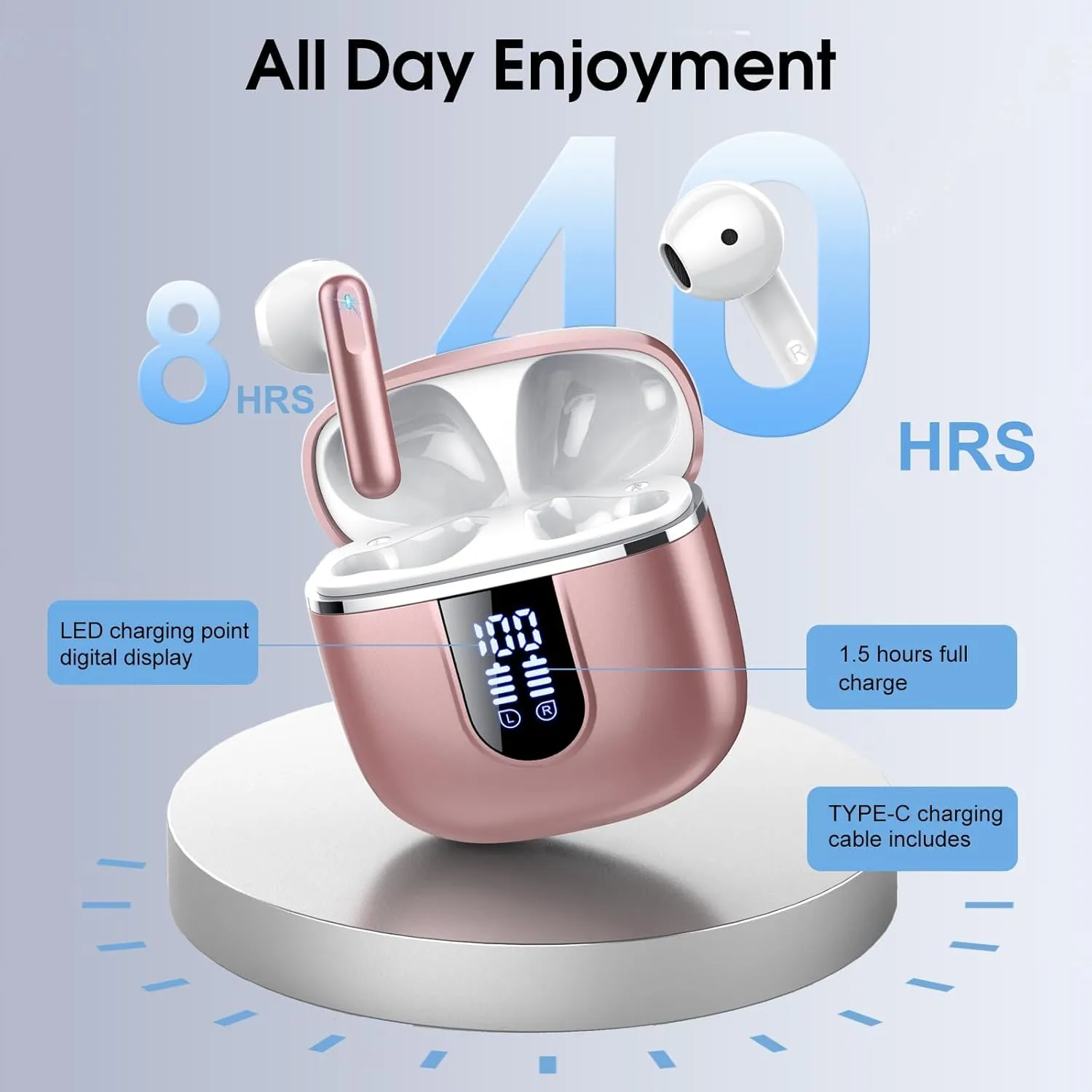 Wireless Earbuds, 2025 Bluetooth 5.4 Headphones in Ear Buds, 40H HiFi Stereo Bluetooth Earbuds with 4 ENC Noise Cancelling Mics, IP7 Waterproof Mini Earphones with Dual LED Display USB C, Pink Gold