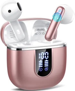 Wireless Earbuds, 2025 Bluetooth 5.4 Headphones in Ear Buds, 40H HiFi Stereo Bluetooth Earbuds with 4 ENC Noise Cancelling Mics, IP7 Waterproof Mini Earphones with Dual LED Display USB C, Pink Gold