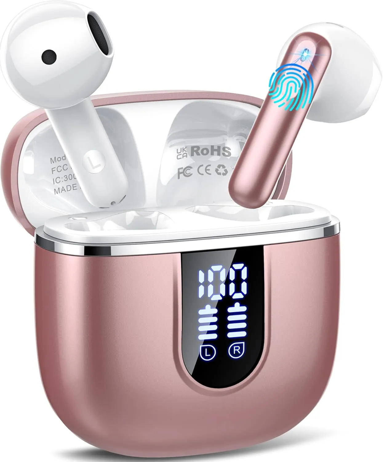Wireless Earbuds, 2025 Bluetooth 5.4 Headphones in Ear Buds, 40H HiFi Stereo Bluetooth Earbuds with 4 ENC Noise Cancelling Mics, IP7 Waterproof Mini Earphones with Dual LED Display USB C, Pink Gold