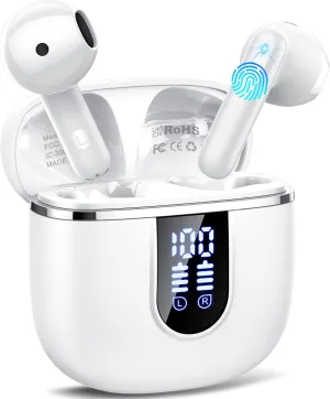 Wireless Earbuds, 2025 Bluetooth 5.4 Headphones in Ear Buds, 40H HiFi Stereo Bluetooth Earbuds with 4 ENC Noise Cancelling Mics, IP7 Waterproof Ultralight Earphones with Dual LED Display USB C, Milky