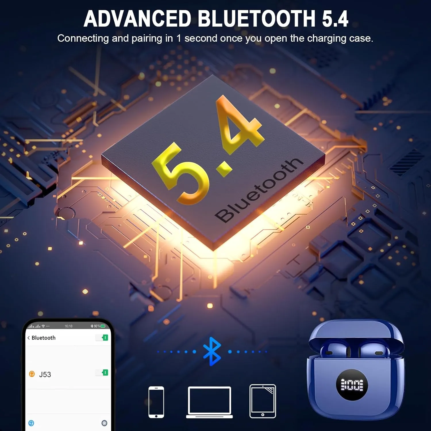 Wireless Earbuds, Bluetooth 5.4 Headphones HiFi Stereo, in Ear Earphones with LED Display 4 ENC Noise Cancelling Mics, 40H Playback Ear Buds with Mini Case, IP7 Waterproof Headset with USB C Charging