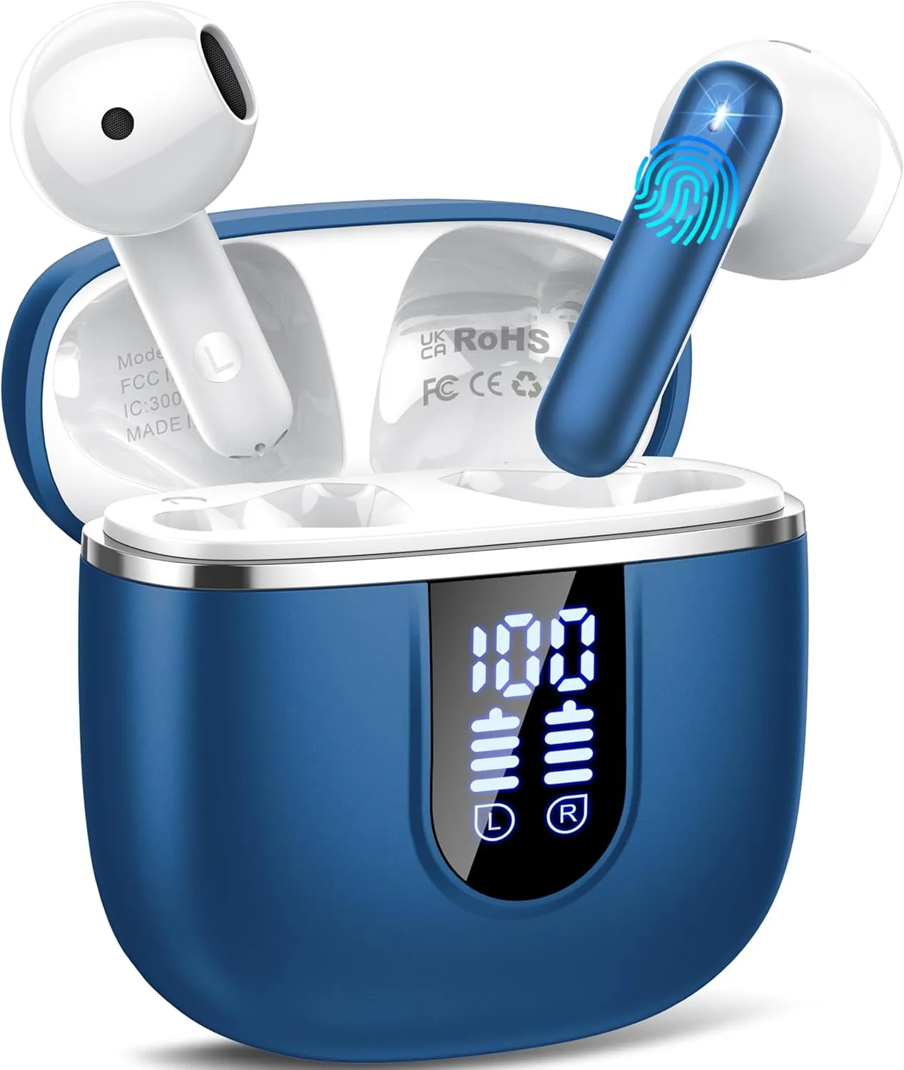 Wireless Earbuds, Bluetooth 5.4 Headphones in Ear Buds, HiFi Stereo Earphones with 4 ENC Noise Cancelling Mics, 40H Wireless Headphones with IP7 Waterproof, Dual LED Display USB C, Navy