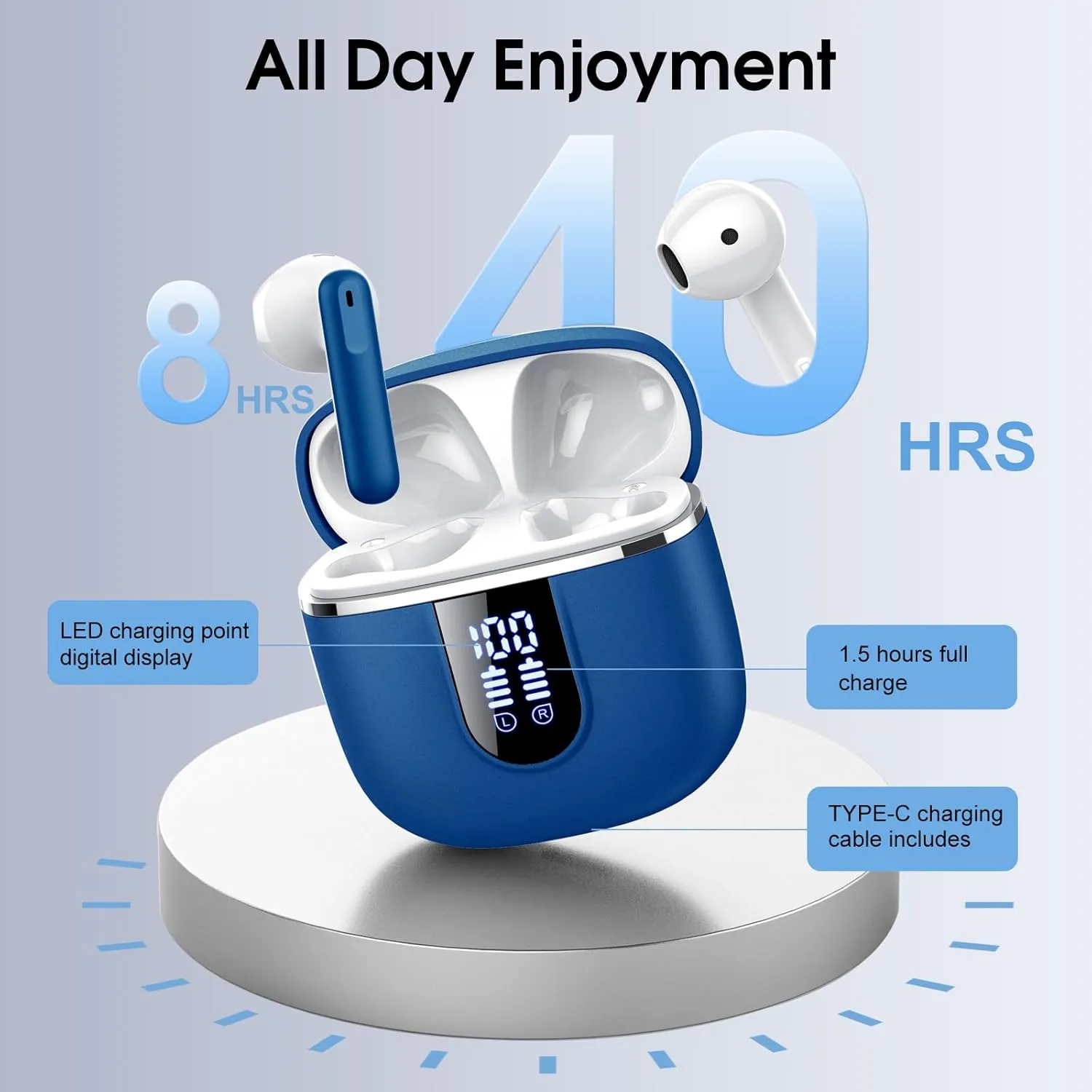 Wireless Earbuds, Bluetooth 5.4 Headphones in Ear Buds, HiFi Stereo Earphones with 4 ENC Noise Cancelling Mics, 40H Wireless Headphones with IP7 Waterproof, Dual LED Display USB C, Navy