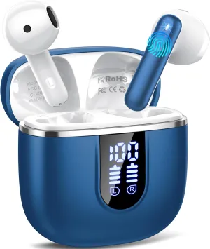 Wireless Earbuds, Bluetooth 5.4 Headphones in Ear Buds, HiFi Stereo Earphones with 4 ENC Noise Cancelling Mics, 40H Wireless Headphones with IP7 Waterproof, Dual LED Display USB C, Navy
