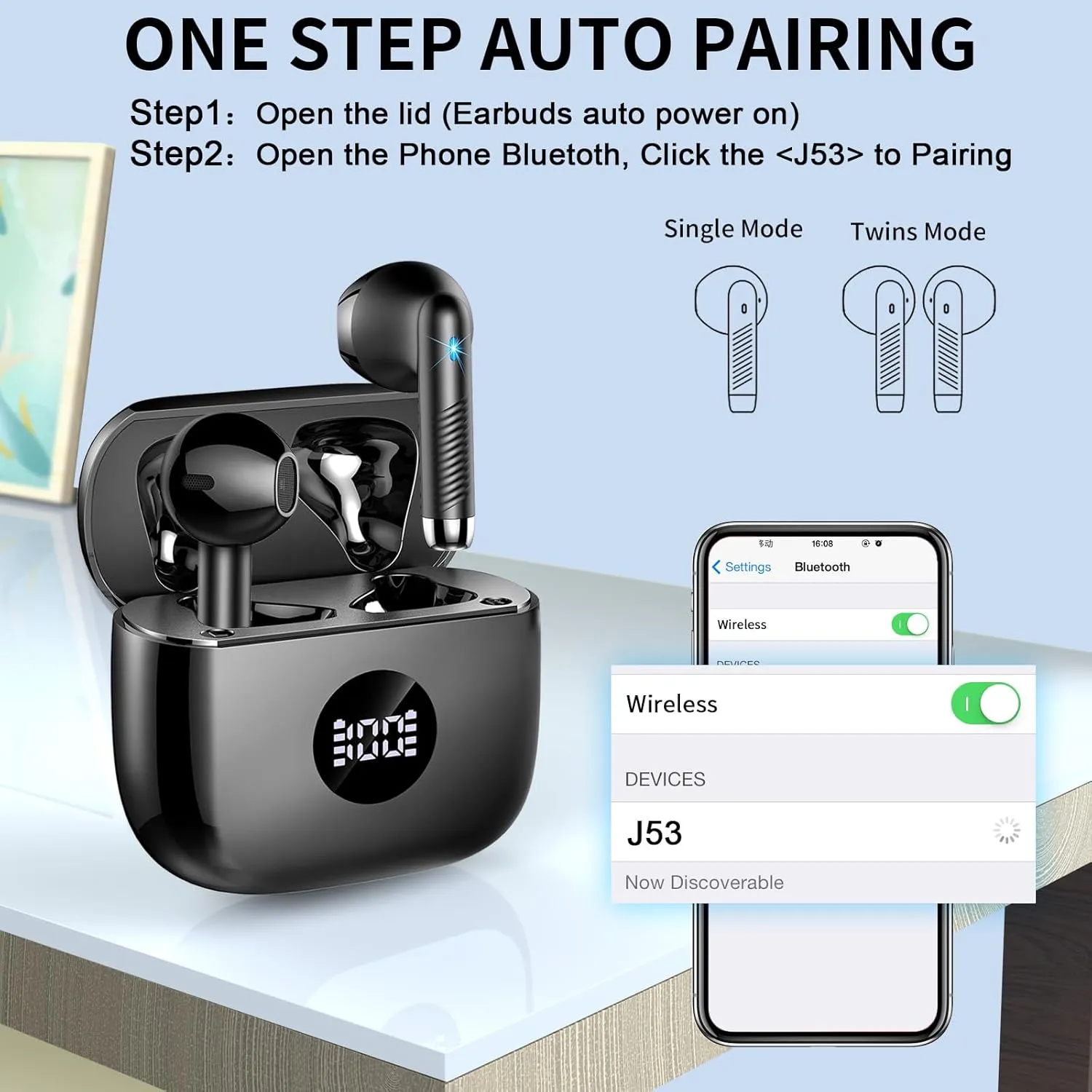 Wireless Earbuds, Bluetooth Headphones 5.4 HiFi Stereo, in Ear Earphones with 4 ENC Noise Cancelling Mics, 40H Playtime Ear Buds with Mini Case, IP7 Waterproof Headset with LED Display, USB C Charging