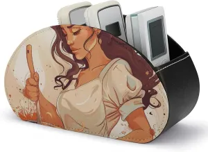 Woman Cooking Depiction Remote Control Holder PU Leather TV Remote Caddy Desktop Organizer 5 Compartments Fits TV Remotes Media Controllers Office Supplies Makeup Brush