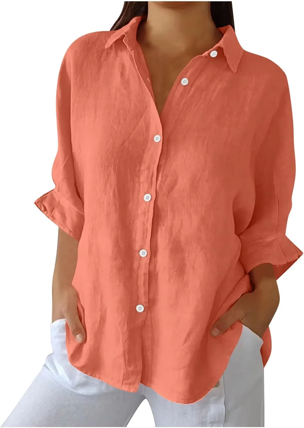 Women Casual Half Sleeve Button Down Shirts Summer Solid Casual Cotton Linen Tops Tie Back Design Fashion T Shirt