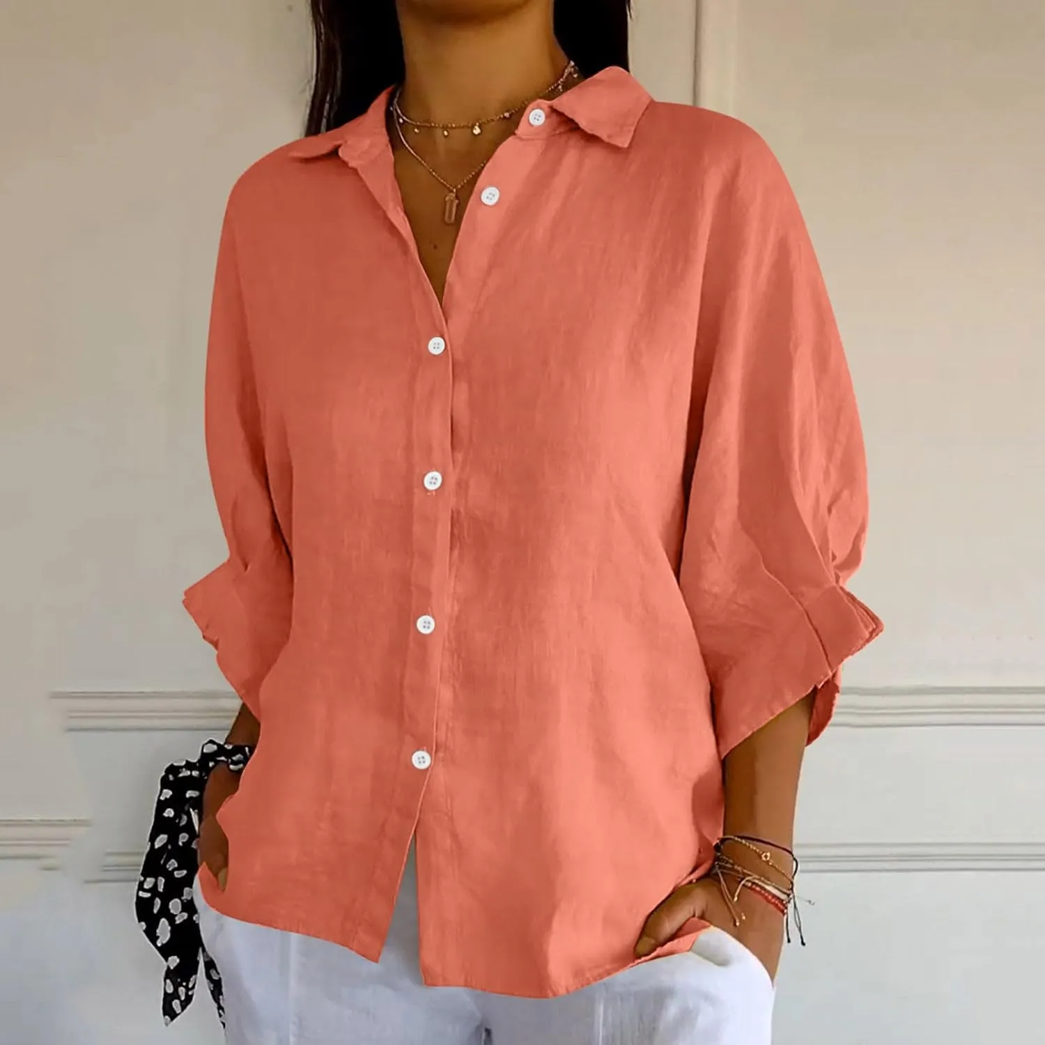 Women Casual Half Sleeve Button Down Shirts Summer Solid Casual Cotton Linen Tops Tie Back Design Fashion T Shirt