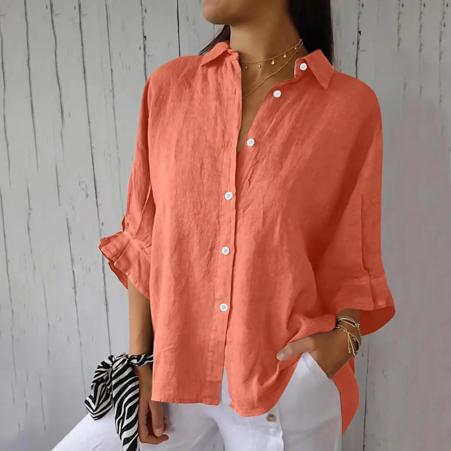 Women Casual Half Sleeve Button Down Shirts Summer Solid Casual Cotton Linen Tops Tie Back Design Fashion T Shirt
